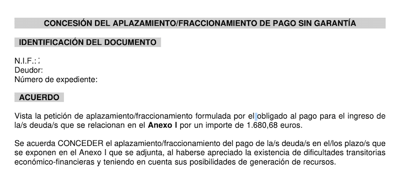 CONCESIÓN DEL APLAZAMIENTO/FRACCIONAMIENTO